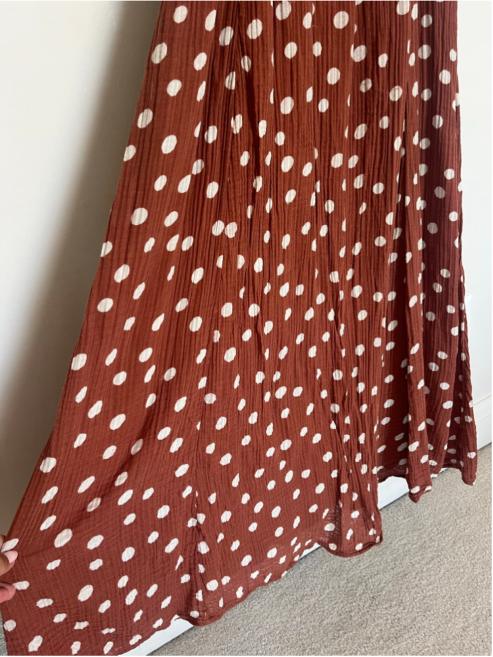 Polka Dot Maxi Dress Rust Brown White Empire Waist Gauzy Cotton Sleeveless - Picture 8 of 9